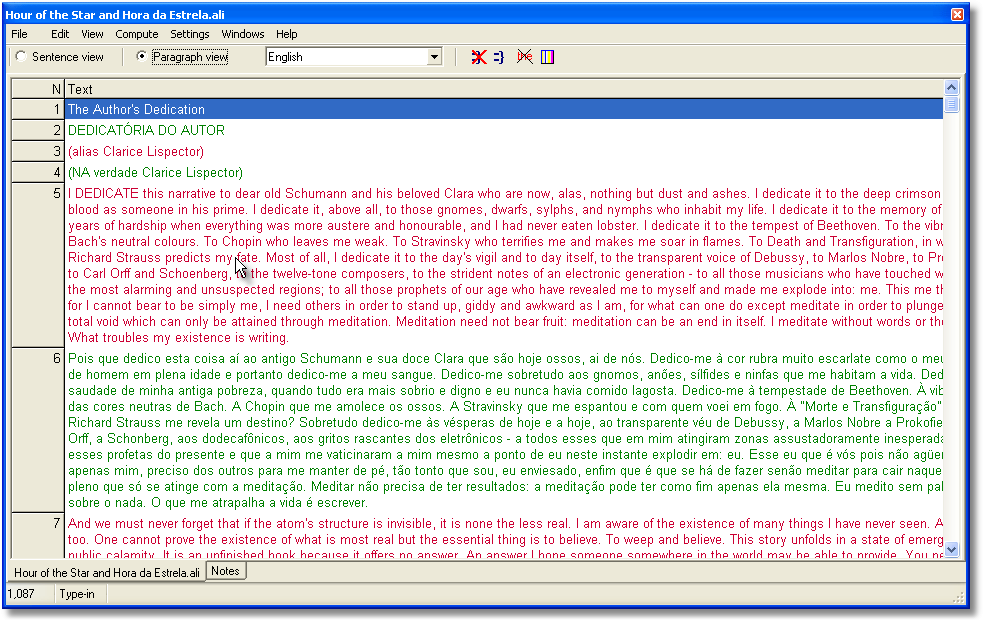 aligner for hora da estrela paragraphs